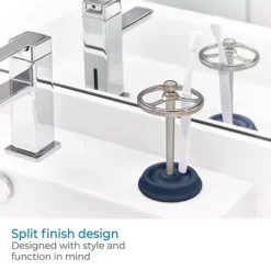 IDesign Ceramic And Steel Toothbrush Holder With Three Divided Compartments, The York Collection – 6.4” X 3.5” X 3.8”, Matte Navy & Brushed Nickel -Storage And Cleaning 7526866 ALT3