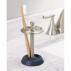 IDesign Ceramic And Steel Toothbrush Holder With Three Divided Compartments, The York Collection – 6.4” X 3.5” X 3.8”, Matte Navy & Brushed Nickel -Storage And Cleaning 7526866 ALT4
