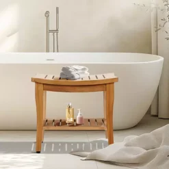 Indoor Outdoor Teak Shower Bench With Storage Shelf Ideal Shower Seat For Relaxing Bathing Moments -Storage And Cleaning 7706072 ALT2